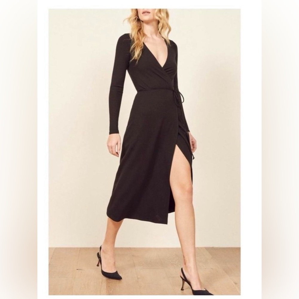 Reformation Jean Black Rib Wrap Midi Dress with Thigh Slit